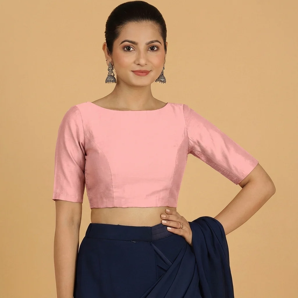Jigyasa x Tyohaar | Elbow Sleeves Sea Pink Chanderi Saree Blouse - Image 4