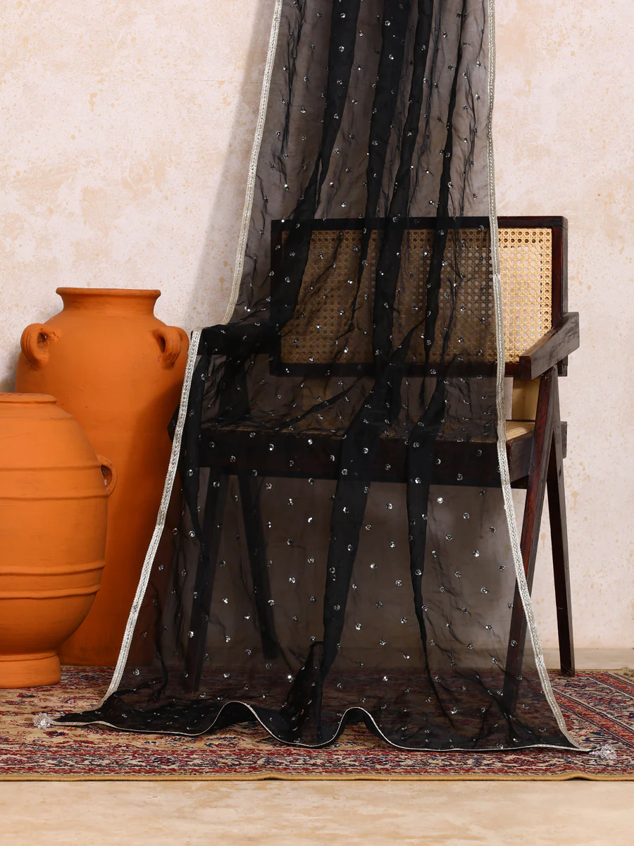 Kaamini x Tyohaar | Sequined Black Organza Dupatta - Image 5