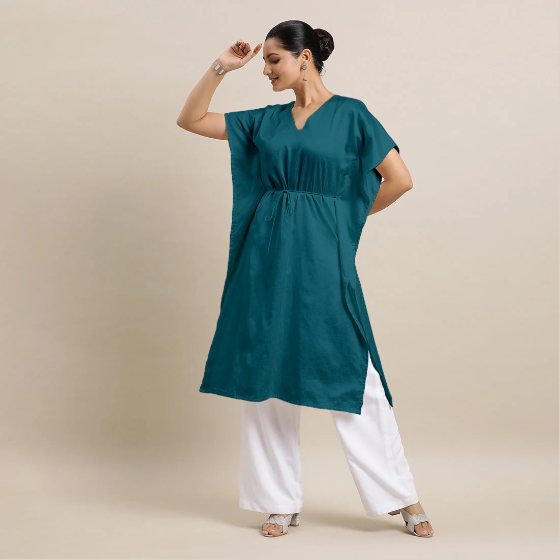 Siya x Rozaana | Kaftan Kurta in Crystal Teal with Thread Work | Coords or Only Kurta - Image 3