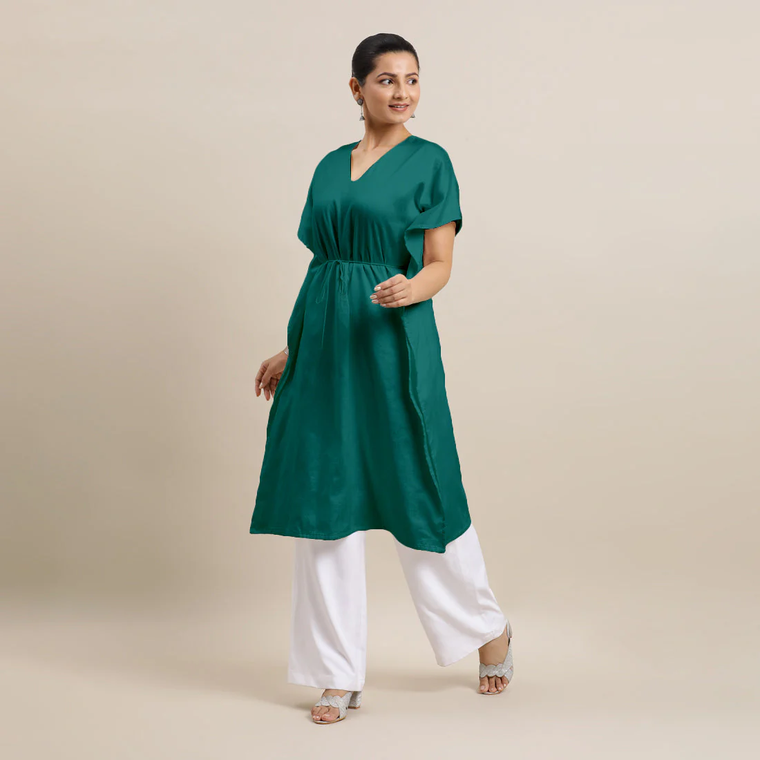 Siya x Rozaana | Kaftan Kurta in Peacock Green with Thread Work | Coords or Only Kurta - Image 7