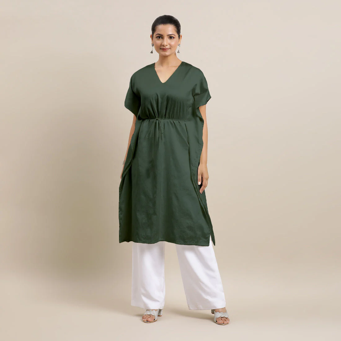 Siya x Rozaana | Kaftan Kurta in Pine Green with Thread Work | Coords or Only Kurta - Image 3