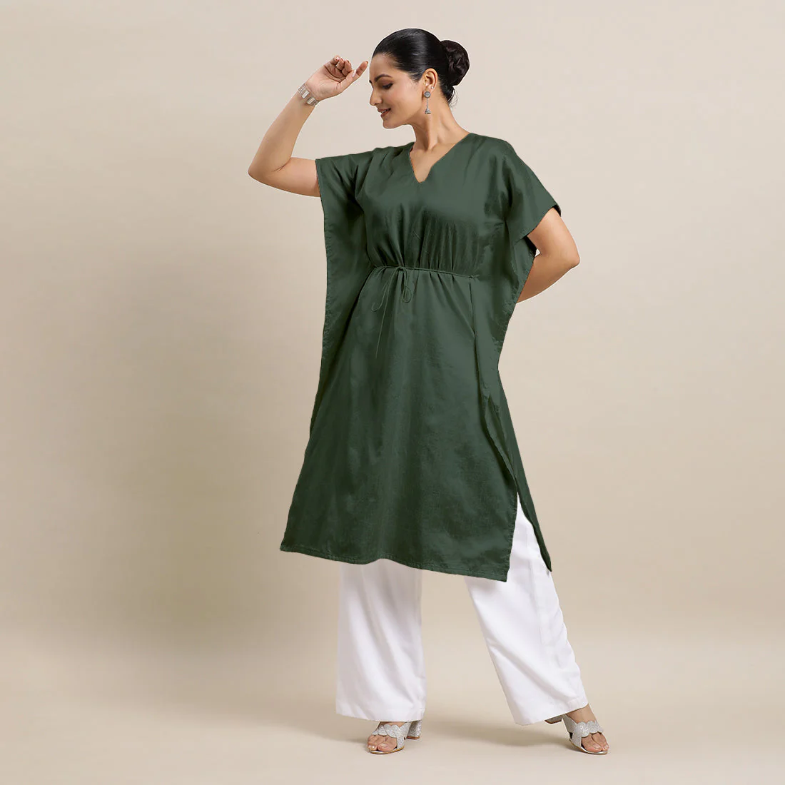 Siya x Rozaana | Kaftan Kurta in Pine Green with Thread Work | Coords or Only Kurta - Image 4