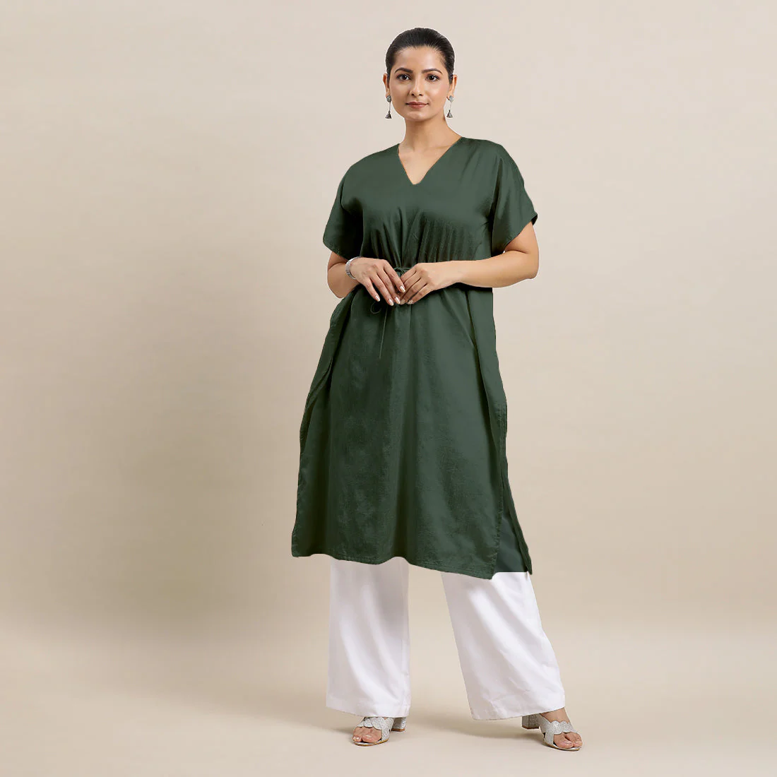Siya x Rozaana | Kaftan Kurta in Pine Green with Thread Work | Coords or Only Kurta - Image 7