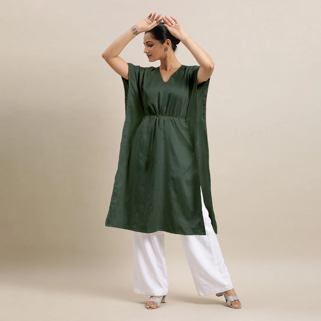 Siya x Rozaana | Kaftan Kurta in Pine Green with Thread Work | Coords or Only Kurta - Image 8