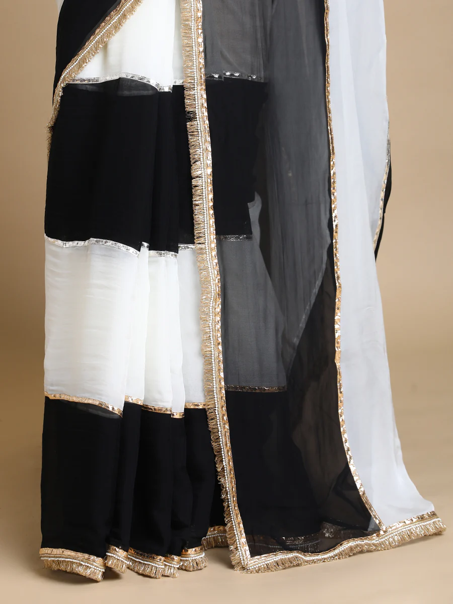 Kajol x Tyohaar | Mystic Black And Frost White Viscose Organza Multi-Panelled Saree With Designer Lace - Image 2