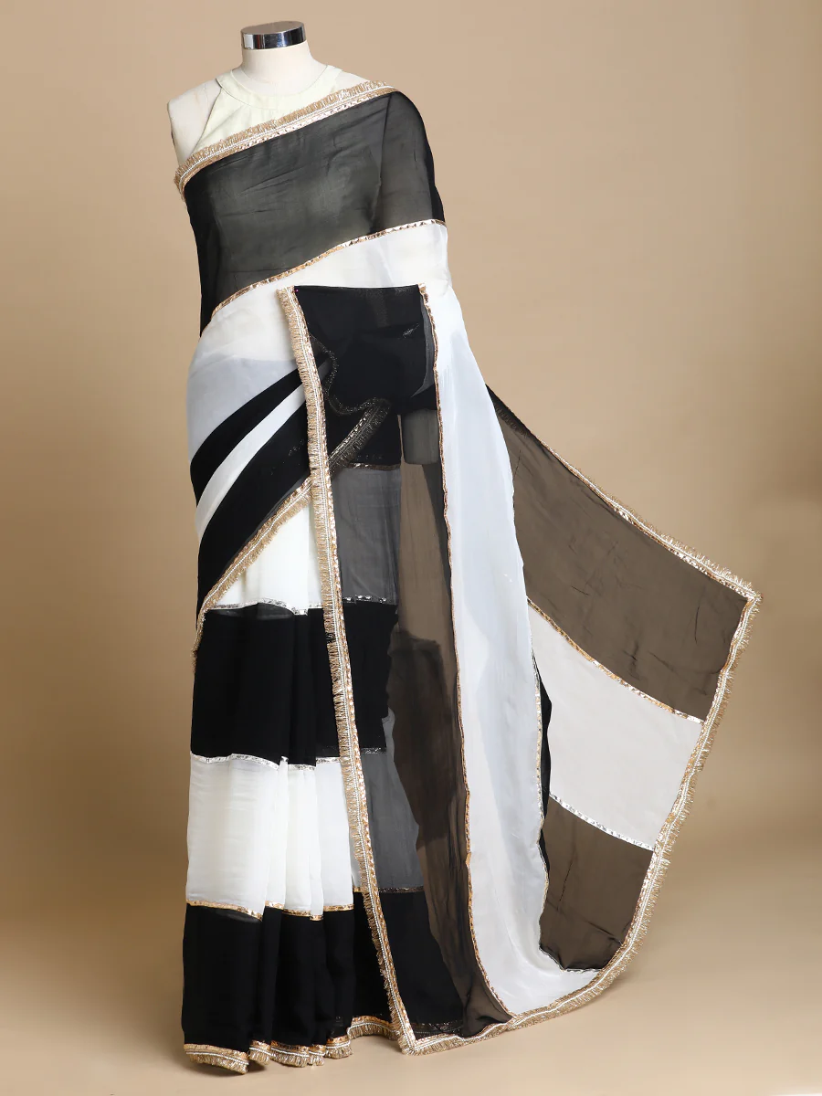 Kajol x Tyohaar | Mystic Black And Frost White Viscose Organza Multi-Panelled Saree With Designer Lace - Image 3