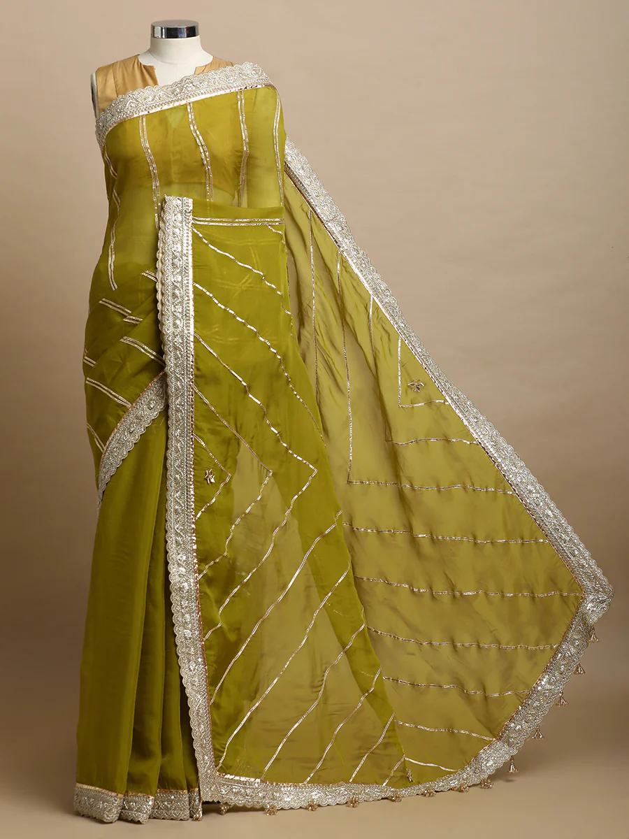 Kalindi x Tyohaar | Amber Olive Viscose Organza Saree With Handcrafted Geometric Gota Work - Image 4