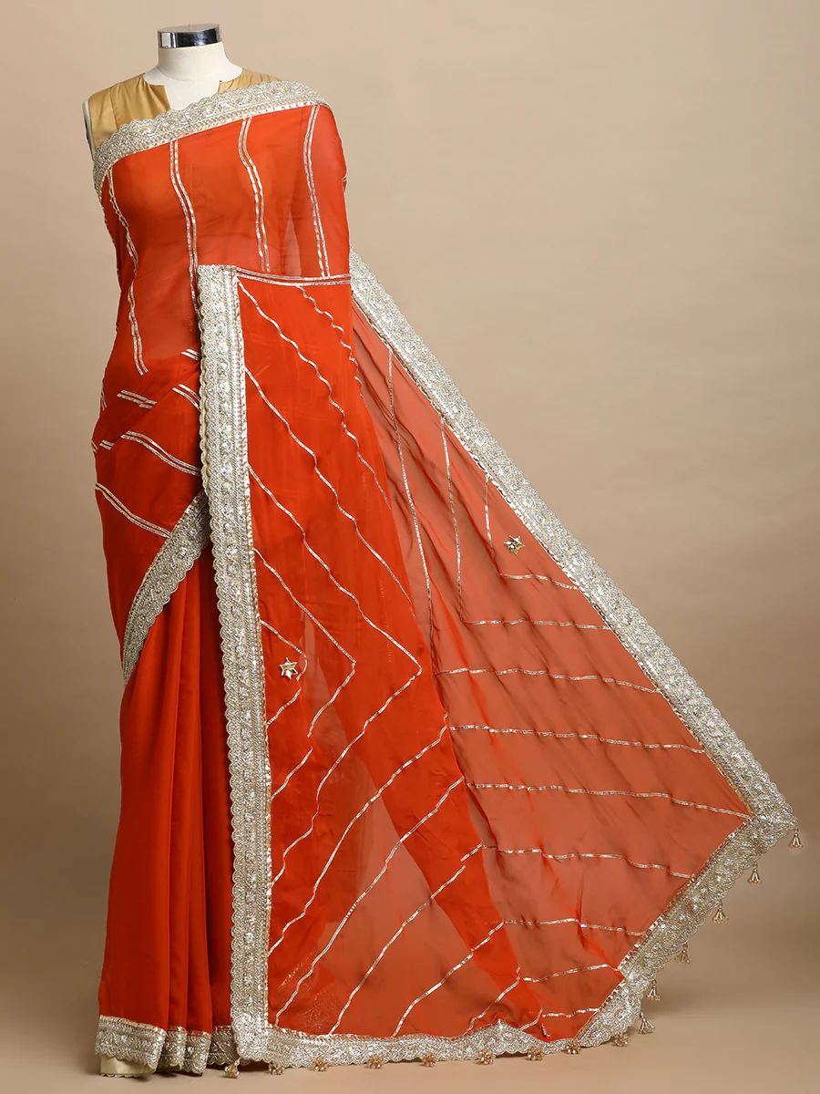Kalindi x Tyohaar | Candy Orange Viscose Organza Saree With Handcrafted Geometric Gota Work - Image 6