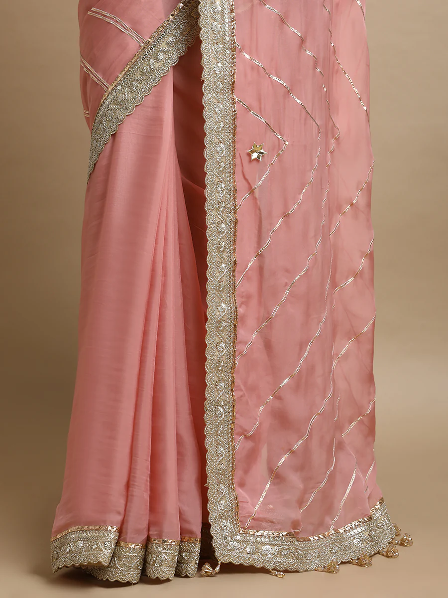 Kalindi x Tyohaar | Cloudy Pink Peach Viscose Organza Saree With Handcrafted Geometric Gota Work - Image 2