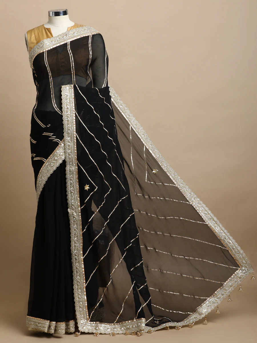 Kalindi x Tyohaar | Mystic Black Viscose Organza Saree With Handcrafted Geometric Gota Work - Image 3