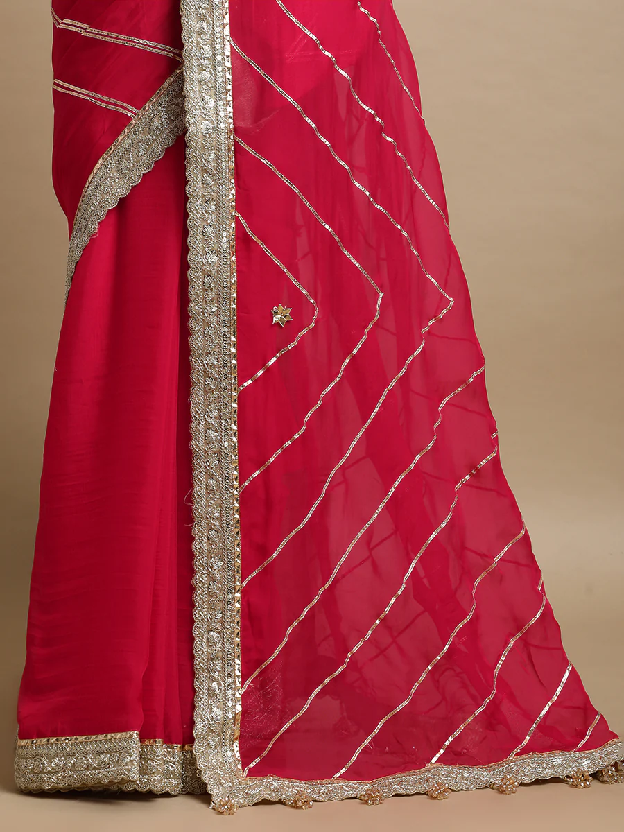 Kalindi x Tyohaar | Pink Rush Viscose Organza Saree With Handcrafted Geometric Gota Work - Image 2
