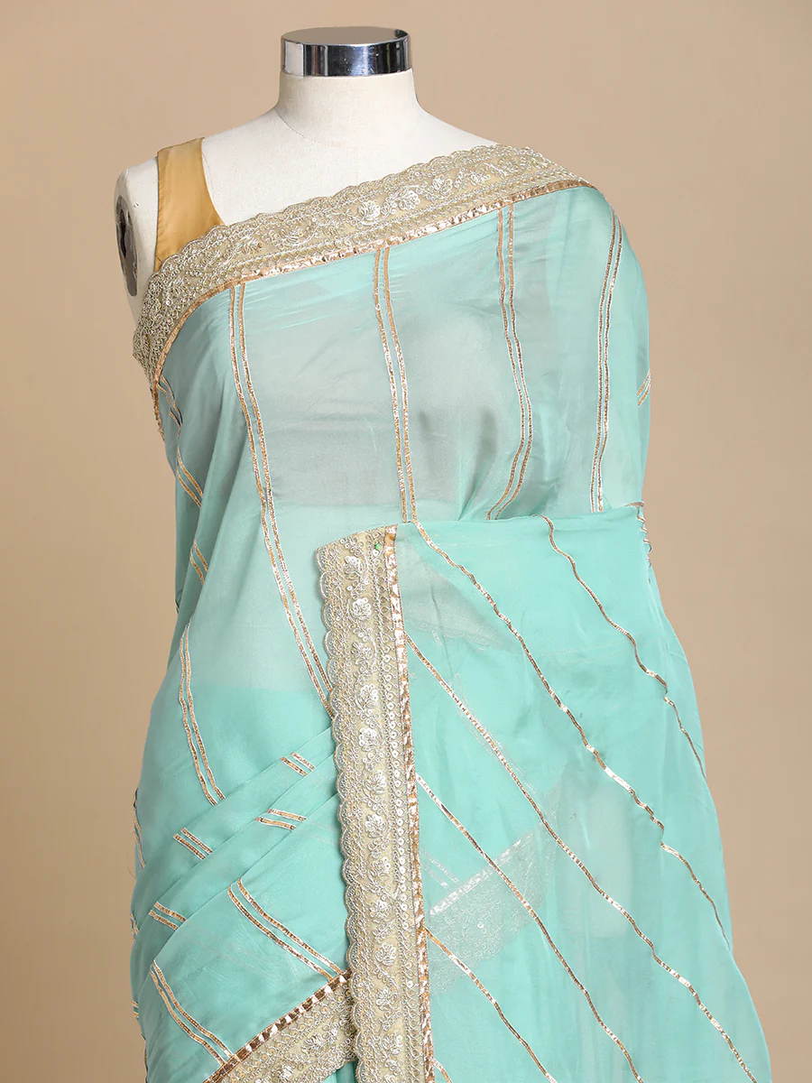 Kalindi x Tyohaar | Powder Blue Viscose Organza Saree With Handcrafted Geometric Gota Work - Image 3