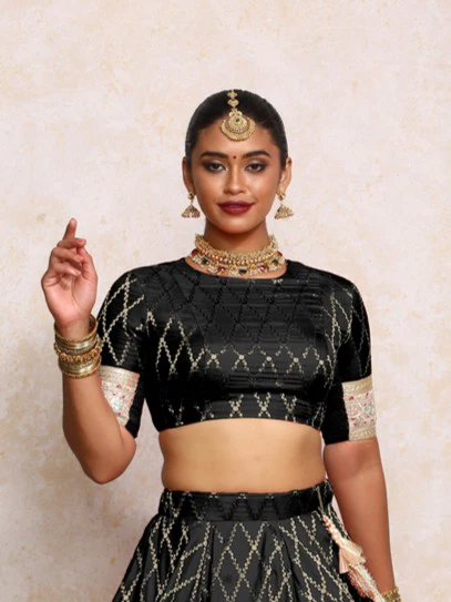 Kashvi x Tyohaar | Elbow Sleeves Cosmic Black Vine Mesh Brocade Saree Blouse - Image 5