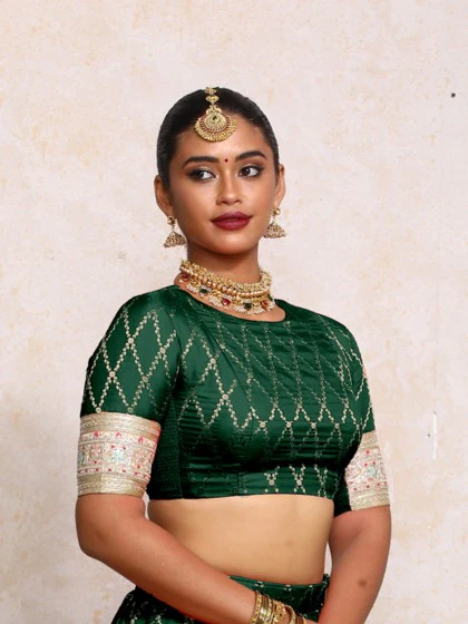 Kashvi x Tyohaar | Elbow Sleeves Dark Green Vine Mesh Brocade Saree Blouse