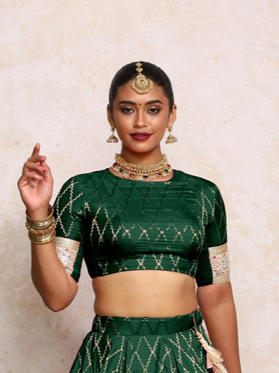 Kashvi x Tyohaar | Elbow Sleeves Dark Green Vine Mesh Brocade Saree Blouse - Image 4