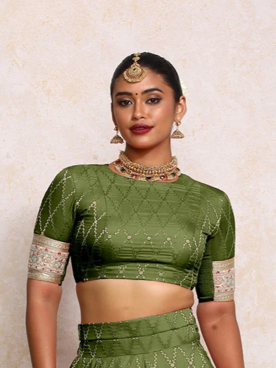 Kashvi x Tyohaar | Elbow Sleeves Deep Olive Vine Mesh Brocade Saree Blouse - Image 6