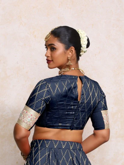 Kashvi x Tyohaar | Elbow Sleeves Royal Navy Vine Mesh Brocade Saree Blouse - Image 2