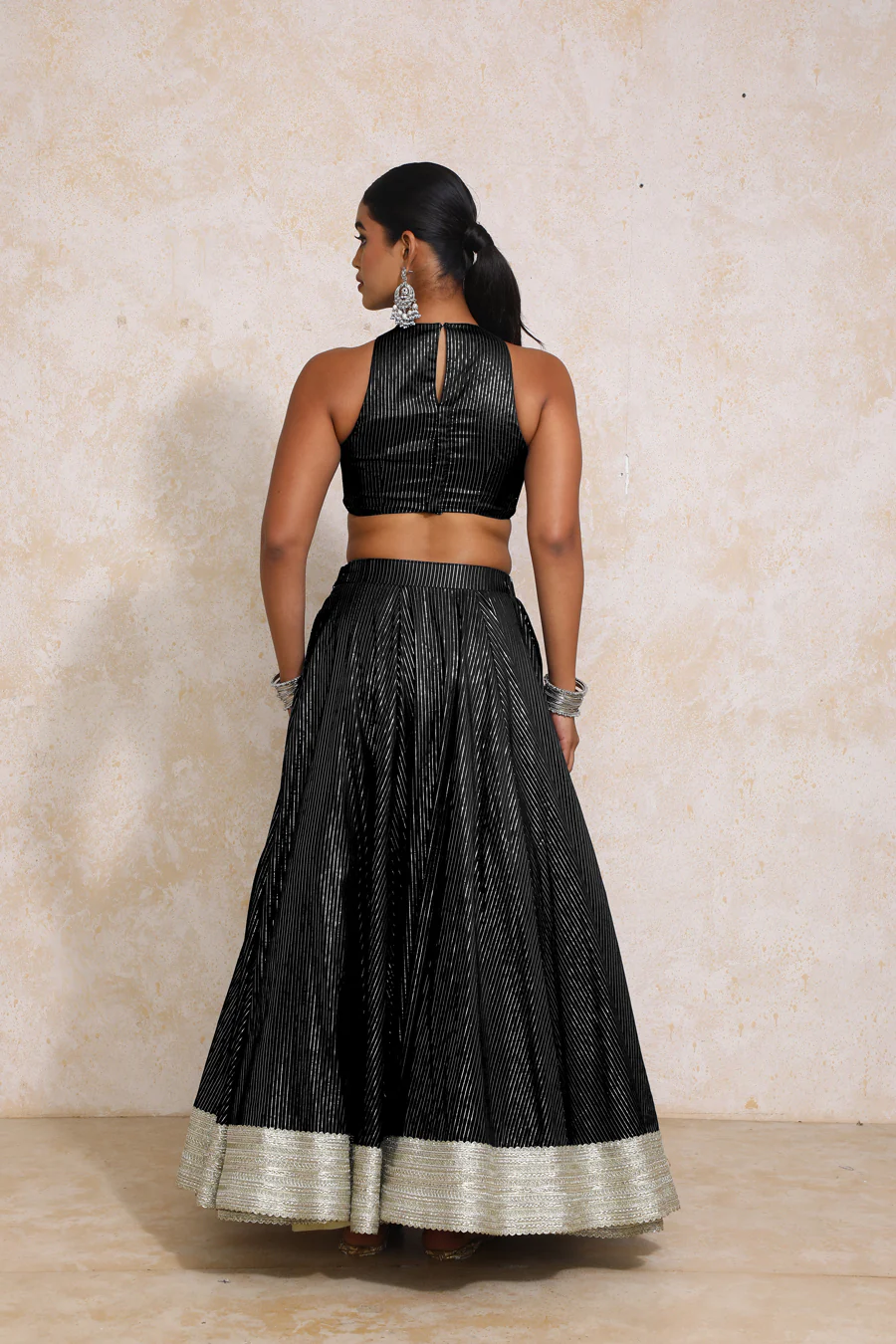Kimaya x Tyohaar | Black Silver Stripe Cotton FlareFit™ Lehenga Set with Dupatta - Image 2