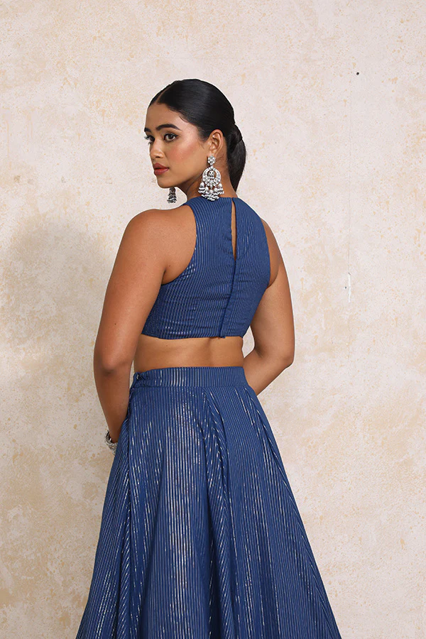 Kimaya x Tyohaar | Indigo Silver Stripe Cotton FlareFit™ Lehenga Set with Dupatta - Image 13