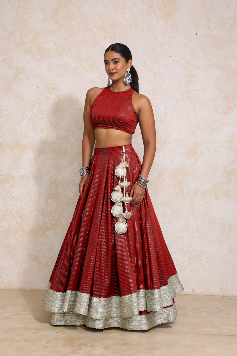 Kimaya x Tyohaar | Red Silver Stripe Cotton FlareFit™ Lehenga Set with Dupatta - Image 10