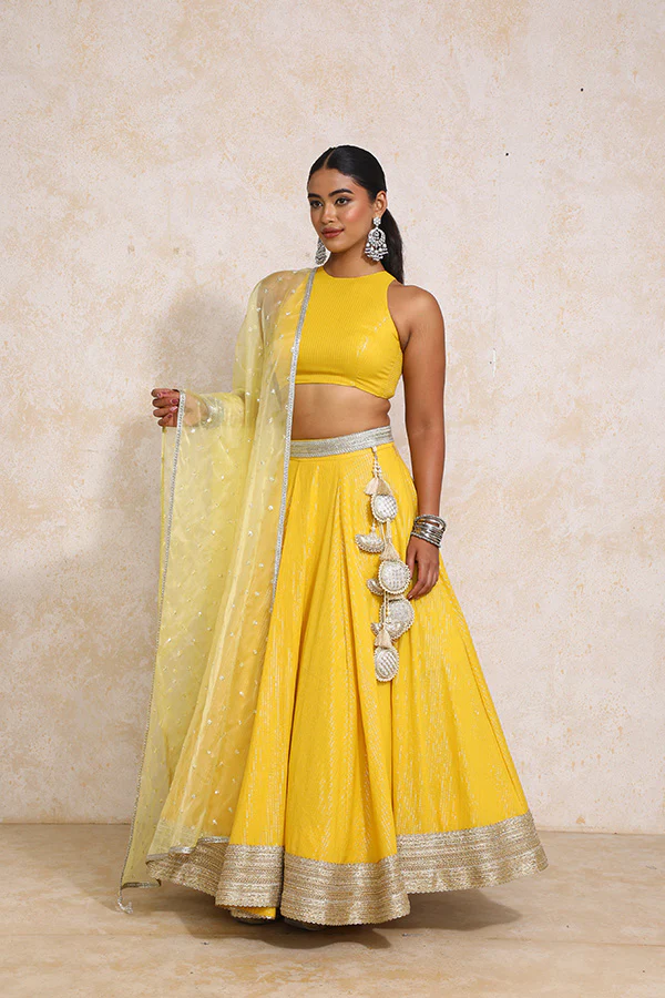Kimaya x Tyohaar | Turmeric Yellow Silver Stripe Cotton FlareFit™ Lehenga Set with Dupatta - Image 14