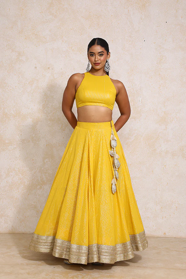 Kimaya x Tyohaar | Turmeric Yellow Silver Stripe Cotton FlareFit™ Lehenga Set with Dupatta - Image 19
