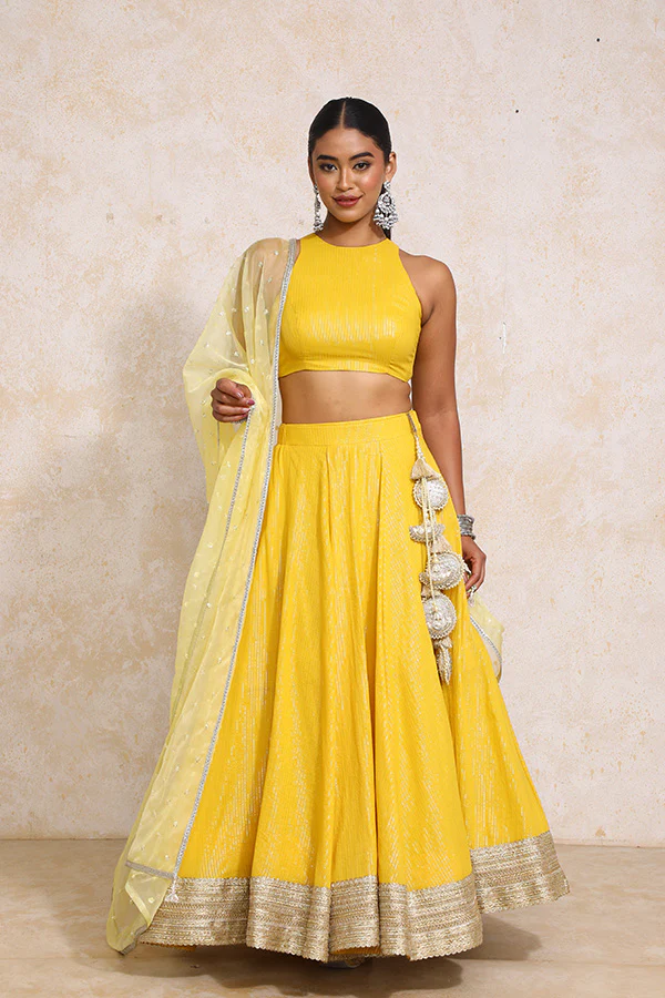 Kimaya x Tyohaar | Turmeric Yellow Silver Stripe Cotton FlareFit™ Lehenga Set with Dupatta - Image 29