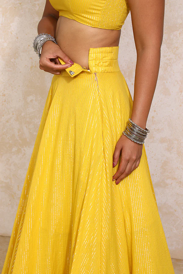 Kimaya x Tyohaar | Turmeric Yellow Silver Stripe Cotton FlareFit™ Lehenga Set with Dupatta - Image 6