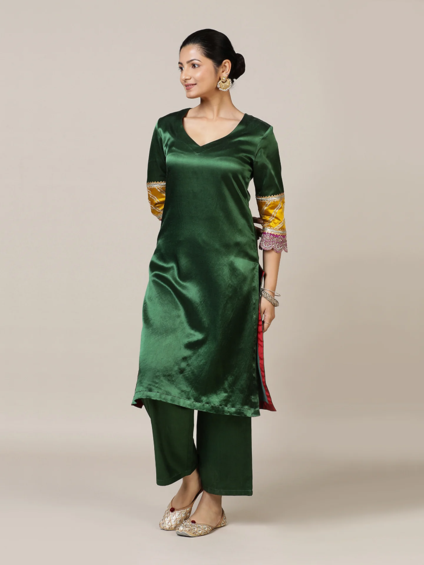 Kainaat x Tyohaar | Emerald Green Mashru Silk A-Line Kurta with Embroidered Sleeves | Coords or Only Kurta - Image 10