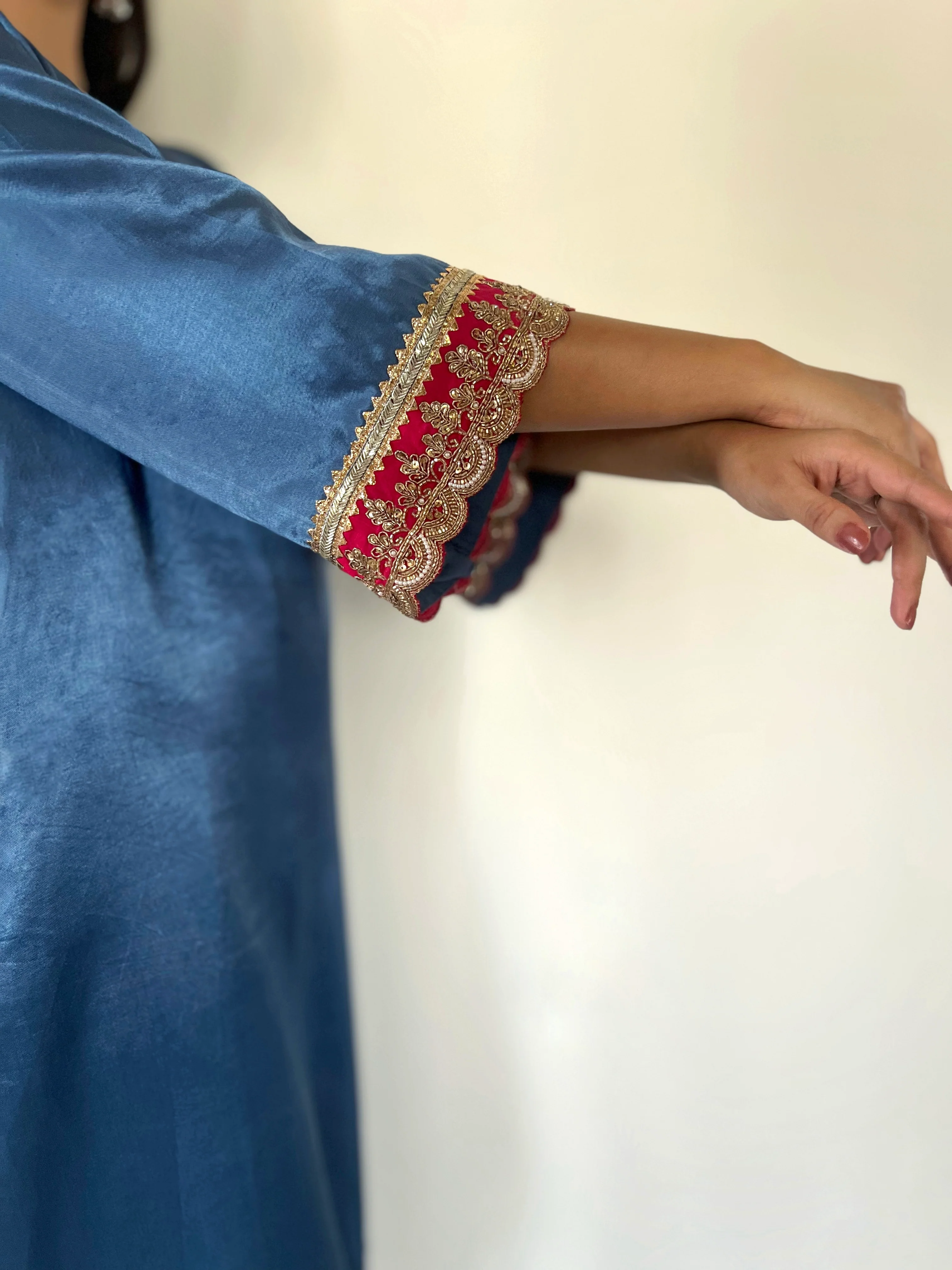 Penaaz x Tyohaar | Ice Blue Mashru Silk A-Line Kurta with Embroidered Sleeves | Coords or Only Kurta - Image 14