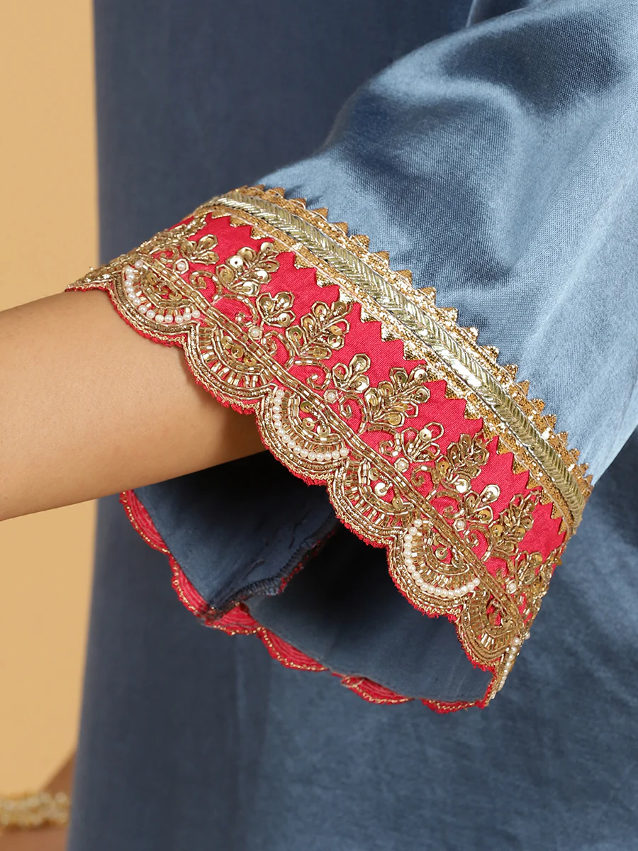 Penaaz x Tyohaar | Ice Blue Mashru Silk A-Line Kurta with Embroidered Sleeves | Coords or Only Kurta - Image 3