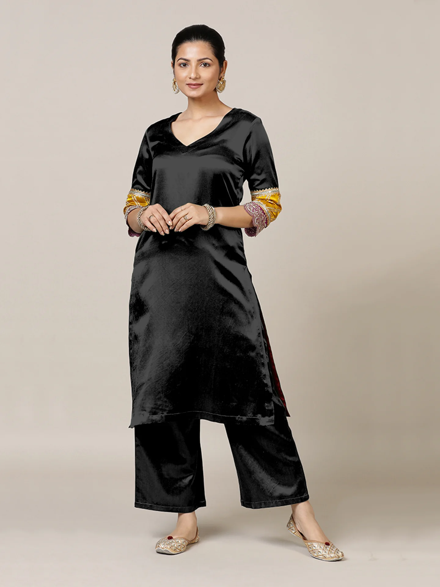 Kainaat x Tyohaar | Ink Black Mashru Silk A-Line Kurta with Embroidered Sleeves | Coords or Only Kurta - Image 10