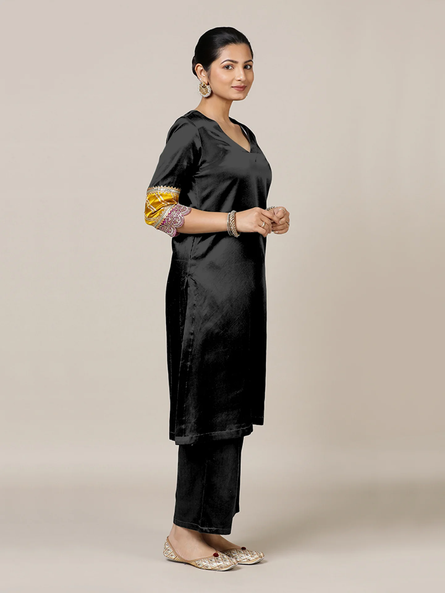 Kainaat x Tyohaar | Ink Black Mashru Silk A-Line Kurta with Embroidered Sleeves | Coords or Only Kurta - Image 7