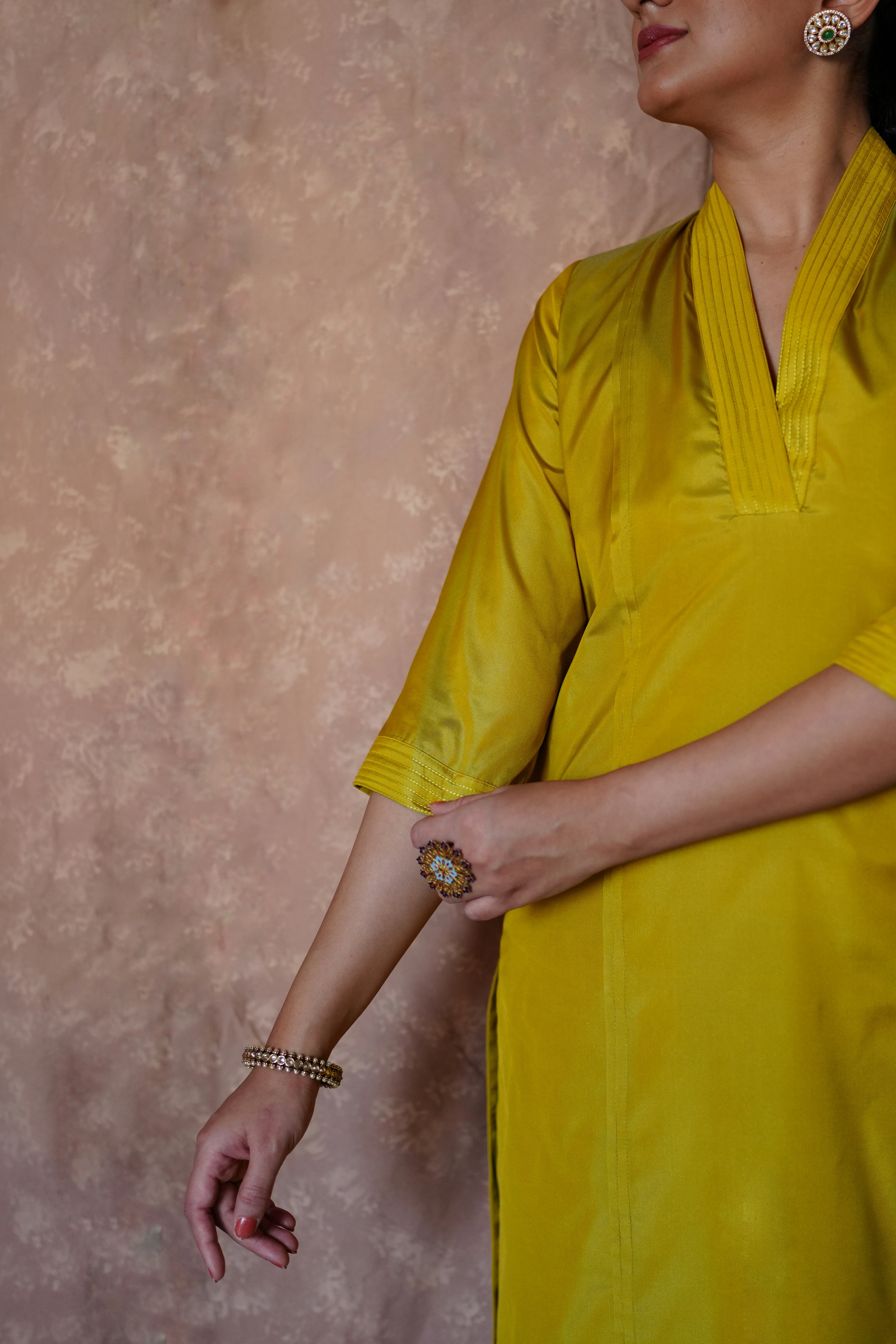 Barkha x Tyohaar | Lemon Yellow A-Line Art Silk V Neck Kurta with Detailing | Coords or Only Kurta - Image 3