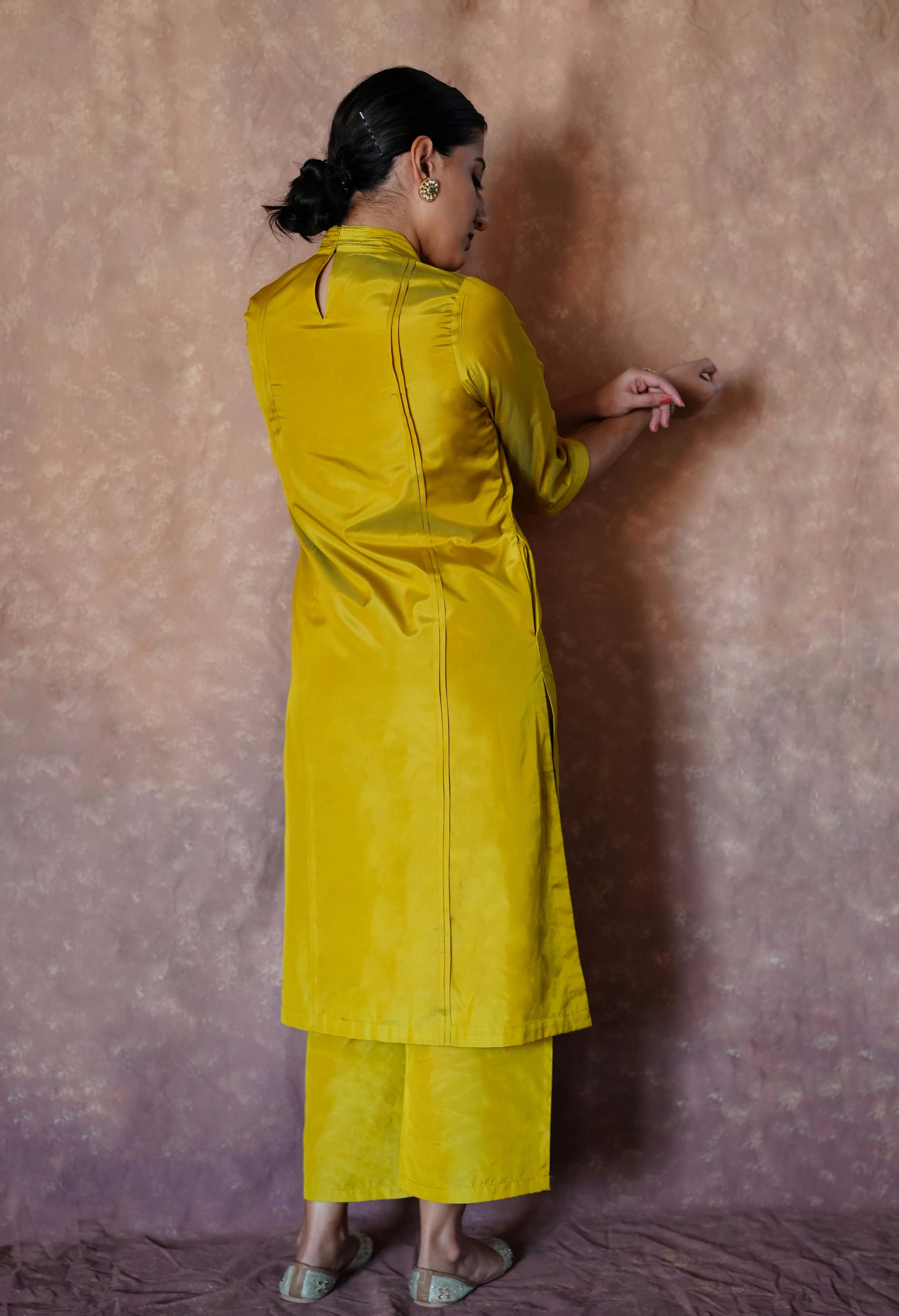 Barkha x Tyohaar | Lemon Yellow A-Line Art Silk V Neck Kurta with Detailing | Coords or Only Kurta - Image 7