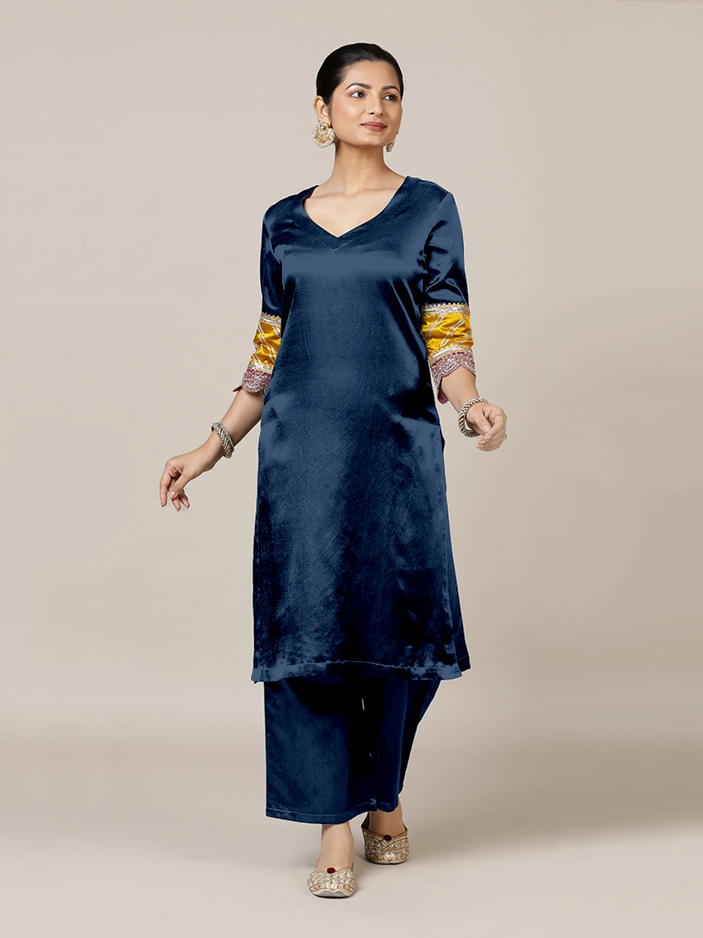Kainaat x Tyohaar | Midnight Blue Mashru Silk A-Line Kurta with Embroidered Sleeves | Coords or Only Kurta - Image 7