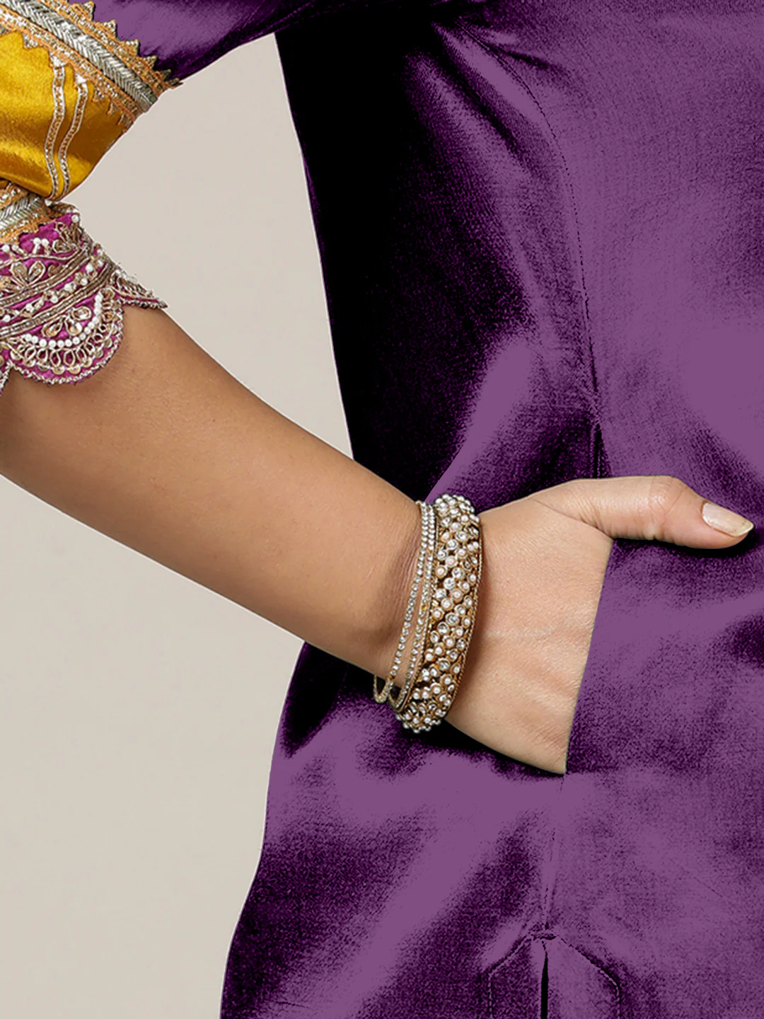 Kainaat x Tyohaar | Moonlight Purple Mashru Silk A-Line Kurta with Embroidered Sleeves | Coords or Only Kurta - Image 3