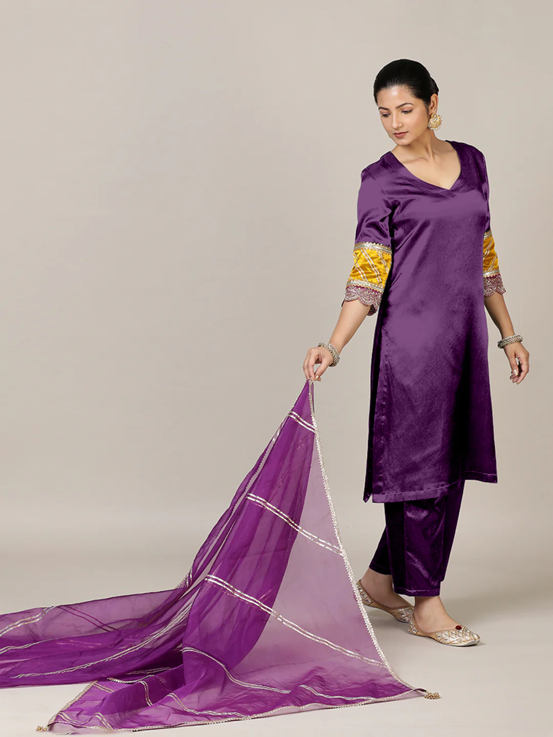 Kainaat x Tyohaar | Moonlight Purple Mashru Silk A-Line Kurta with Embroidered Sleeves | Coords or Only Kurta - Image 5
