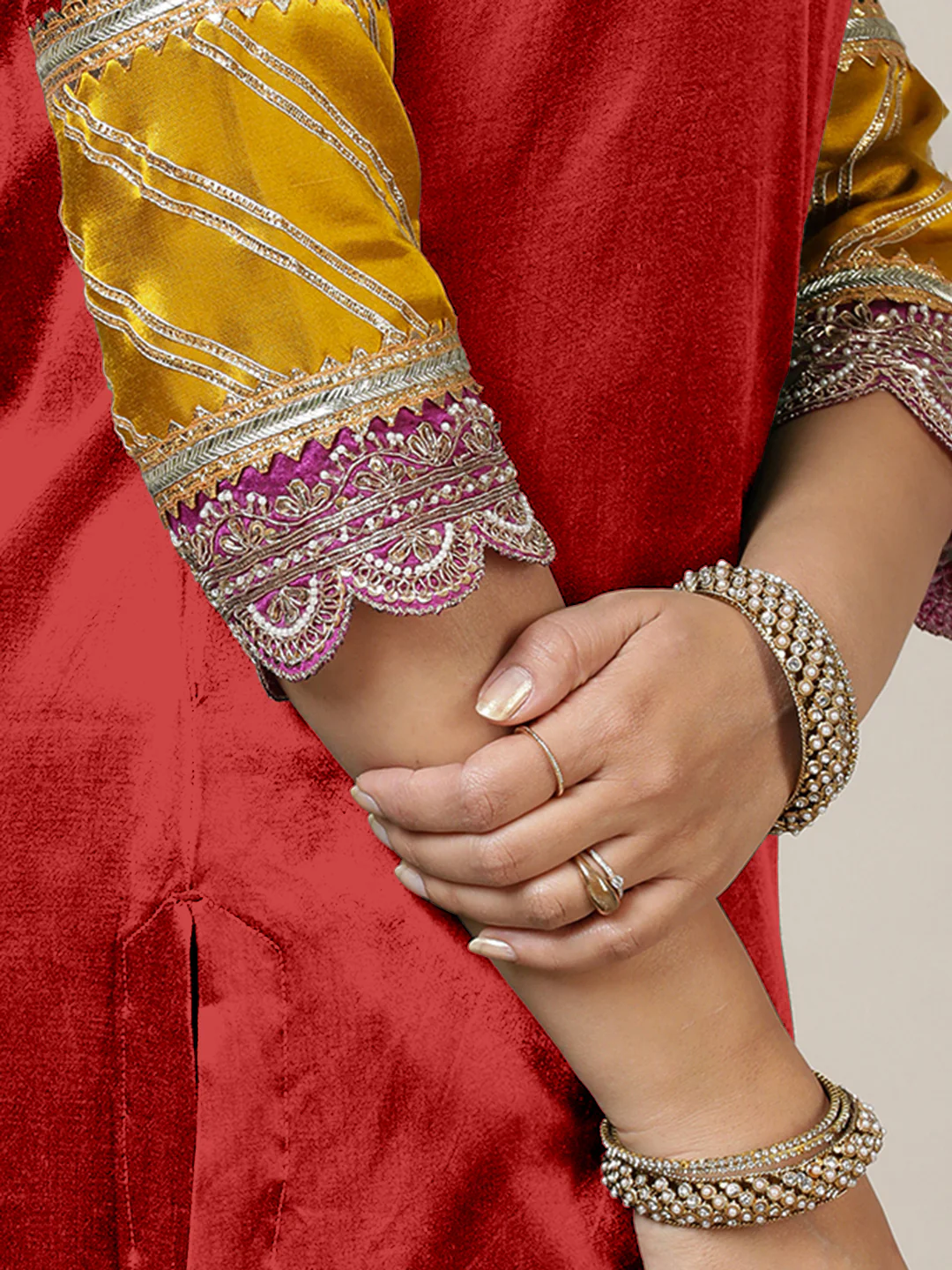 Kainaat x Tyohaar | Ruby Red Mashru Silk A-Line Kurta with Embroidered Sleeves | Coords or Only Kurta - Image 4