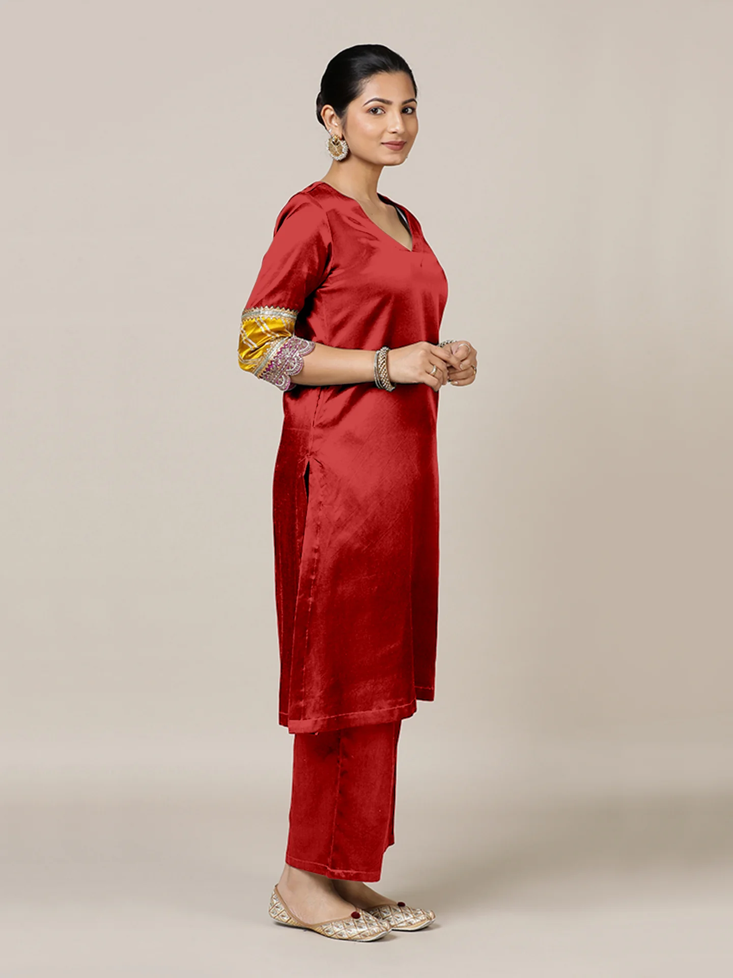 Kainaat x Tyohaar | Ruby Red Mashru Silk A-Line Kurta with Embroidered Sleeves | Coords or Only Kurta - Image 7