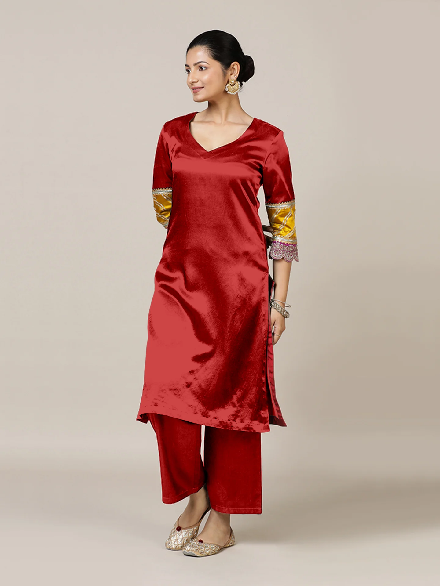 Kainaat x Tyohaar | Ruby Red Mashru Silk A-Line Kurta with Embroidered Sleeves | Coords or Only Kurta - Image 9