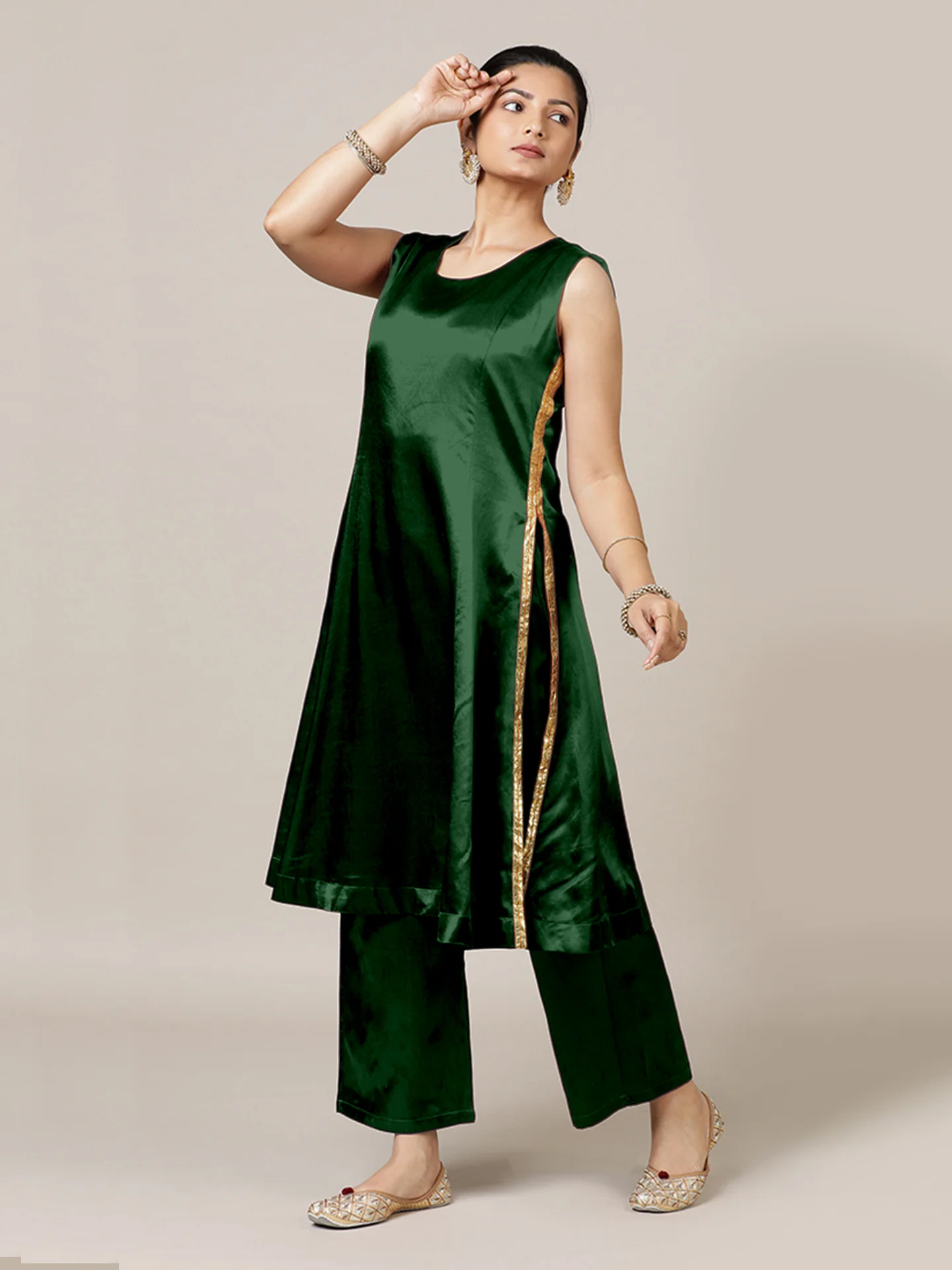 Gulnaaz x Tyohaar | Emerald Green Mashru Silk Panelled Kurta with Crushed Golden Gota Detailing | Coords or Only Kurta - Image 8
