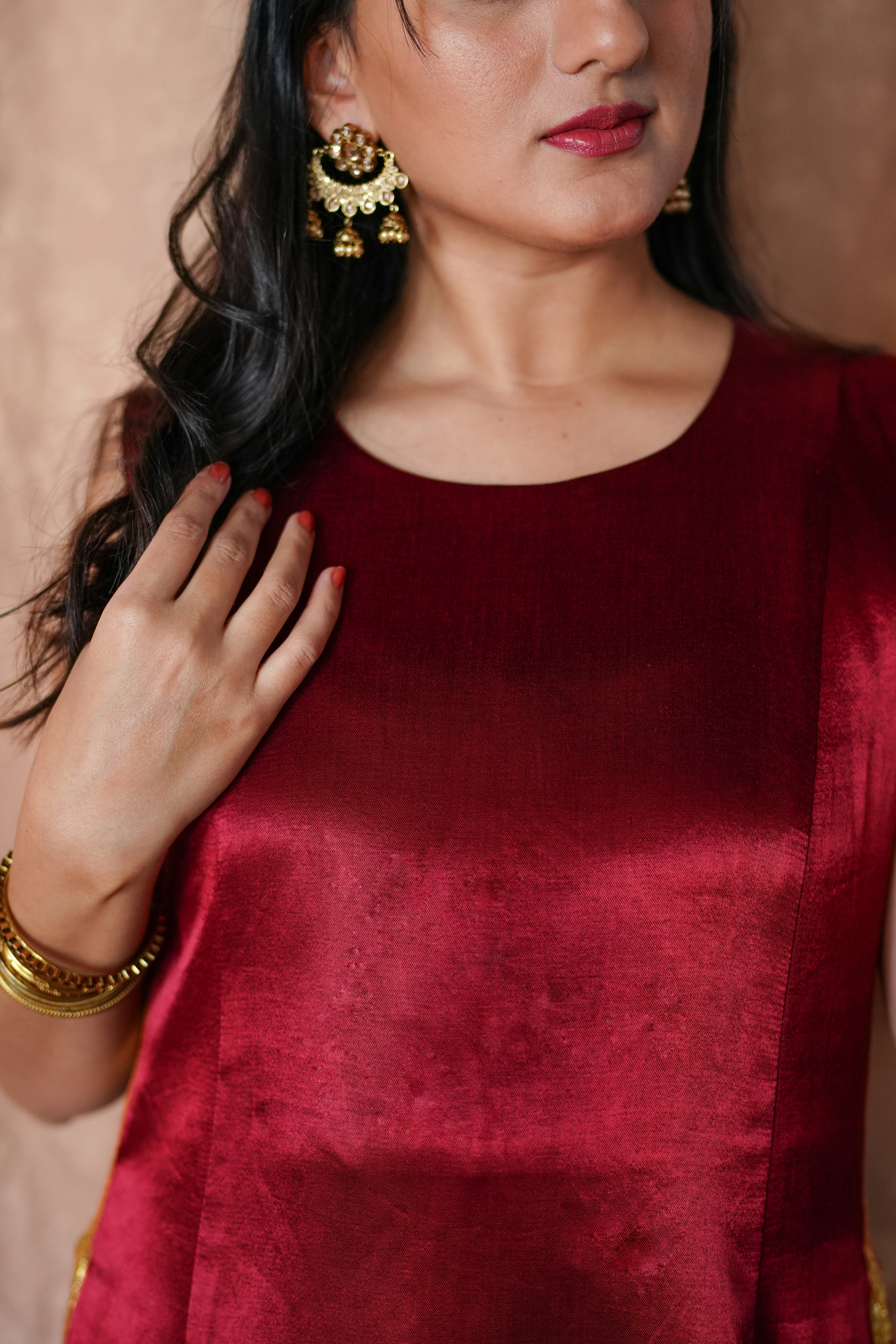 Gulnaaz x Tyohaar | Garnet Wine Red Mashru Silk Panelled Kurta with Crushed Golden Gota Detailing | Coords or Only Kurta - Image 13