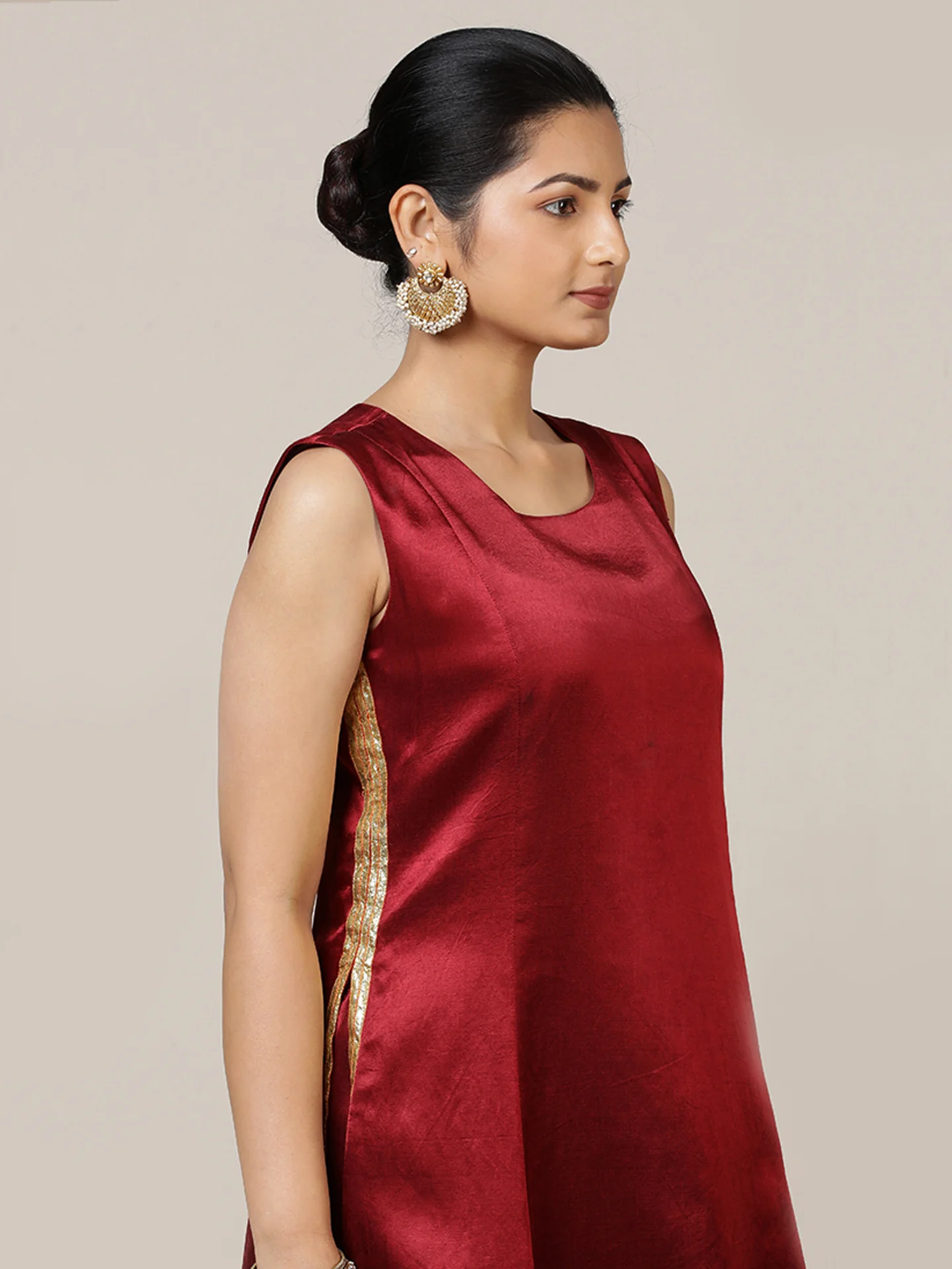 Gulnaaz x Tyohaar | Garnet Wine Red Mashru Silk Panelled Kurta with Crushed Golden Gota Detailing | Coords or Only Kurta - Image 4