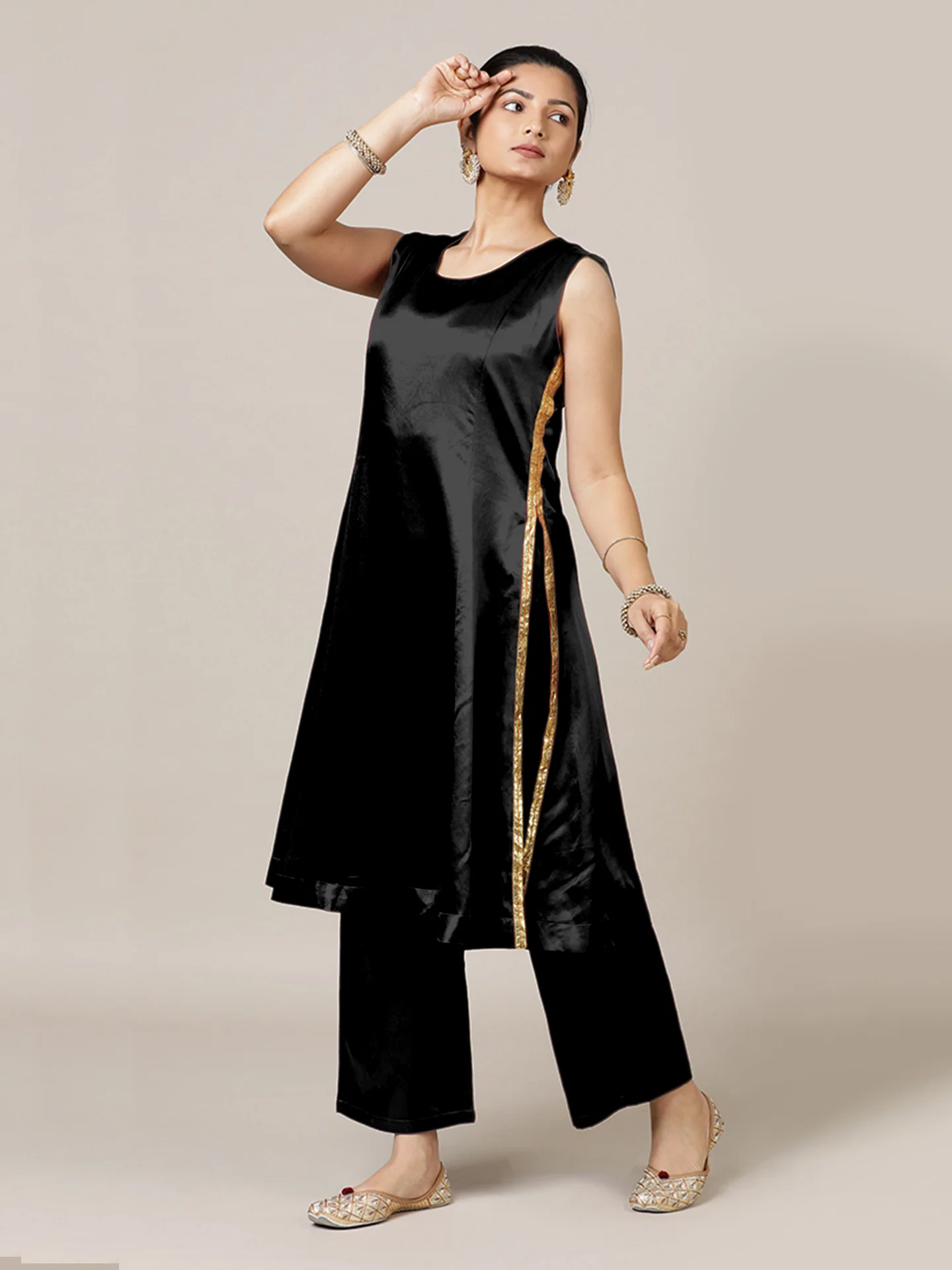 Gulnaaz x Tyohaar | Ink Black Mashru Silk Panelled Kurta with Crushed Golden Gota Detailing | Coords or Only Kurta - Image 7