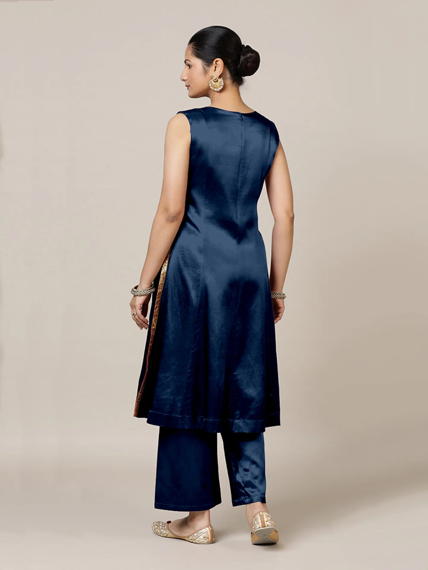 Gulnaaz x Tyohaar | Midnight Blue Mashru Silk Panelled Kurta with Crushed Golden Gota Detailing | Coords or Only Kurta - Image 2