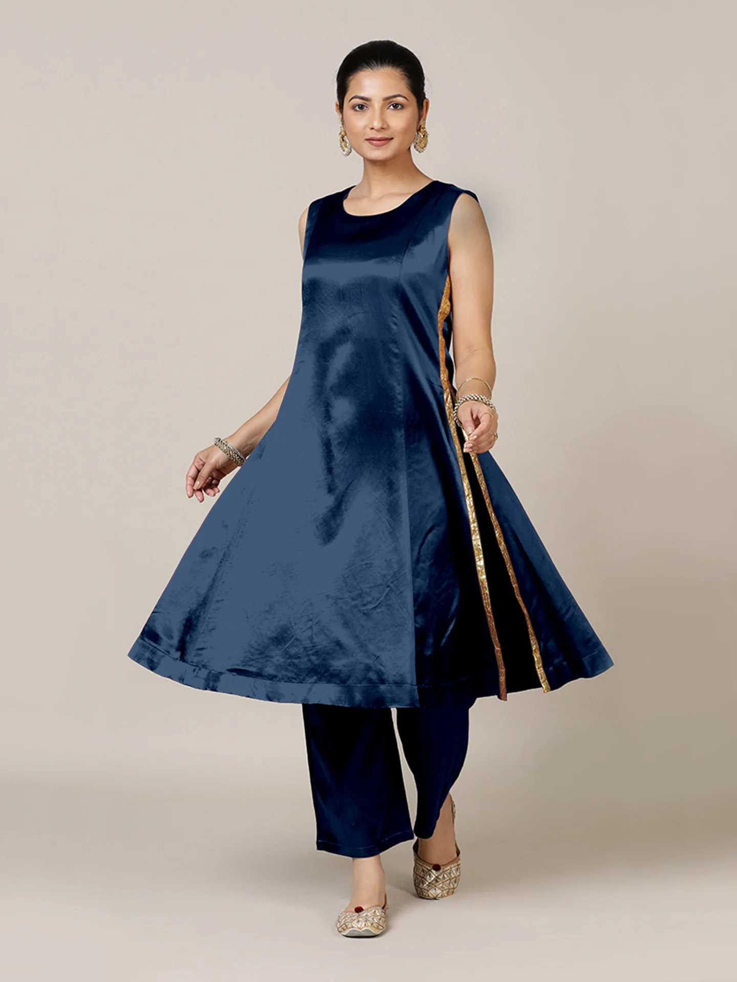 Gulnaaz x Tyohaar | Midnight Blue Mashru Silk Panelled Kurta with Crushed Golden Gota Detailing | Coords or Only Kurta - Image 9