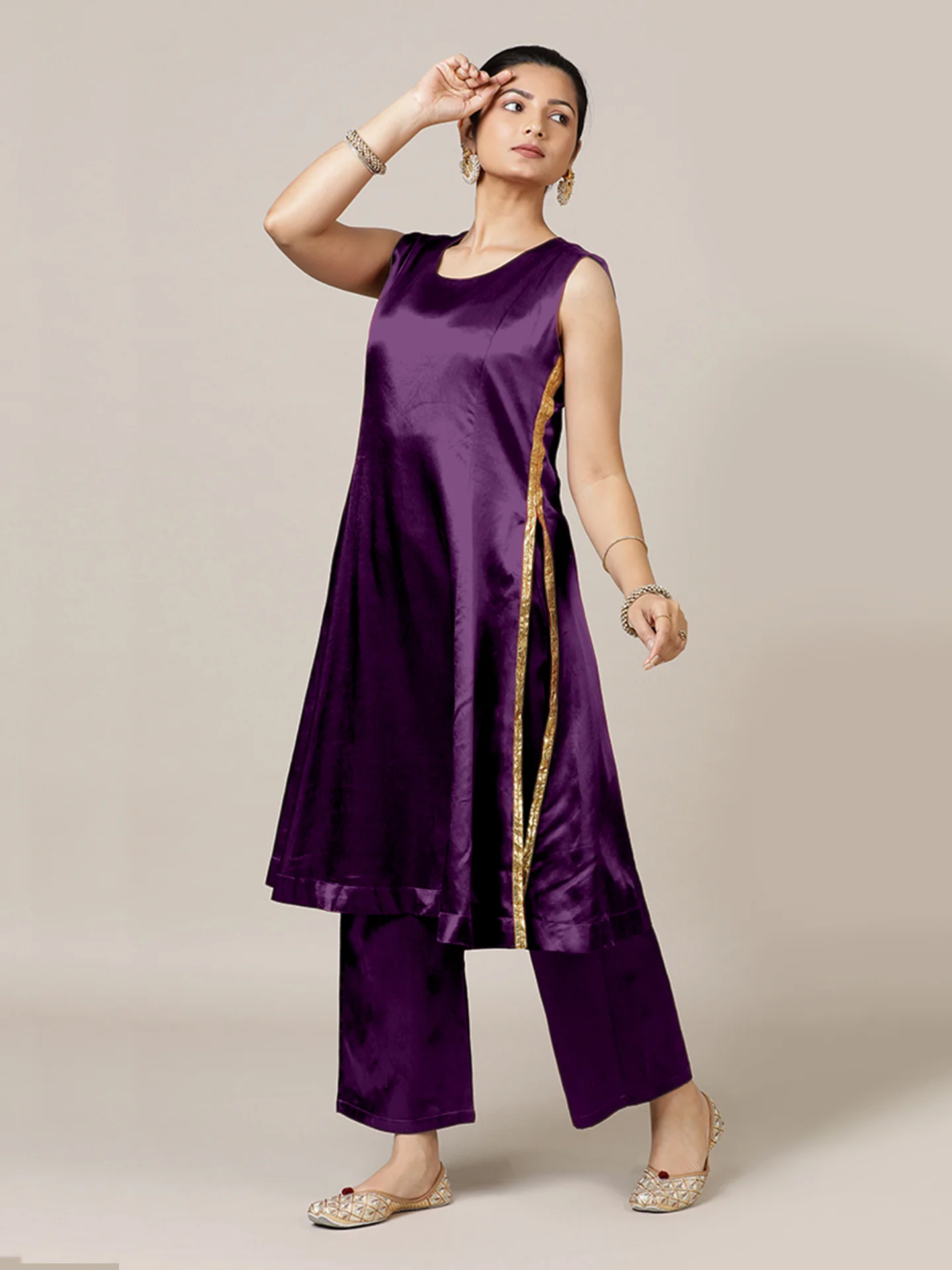 Gulnaaz x Tyohaar | Moonlight Purple Mashru Silk Panelled Kurta with Crushed Golden Gota Detailing | Coords or Only Kurta - Image 9