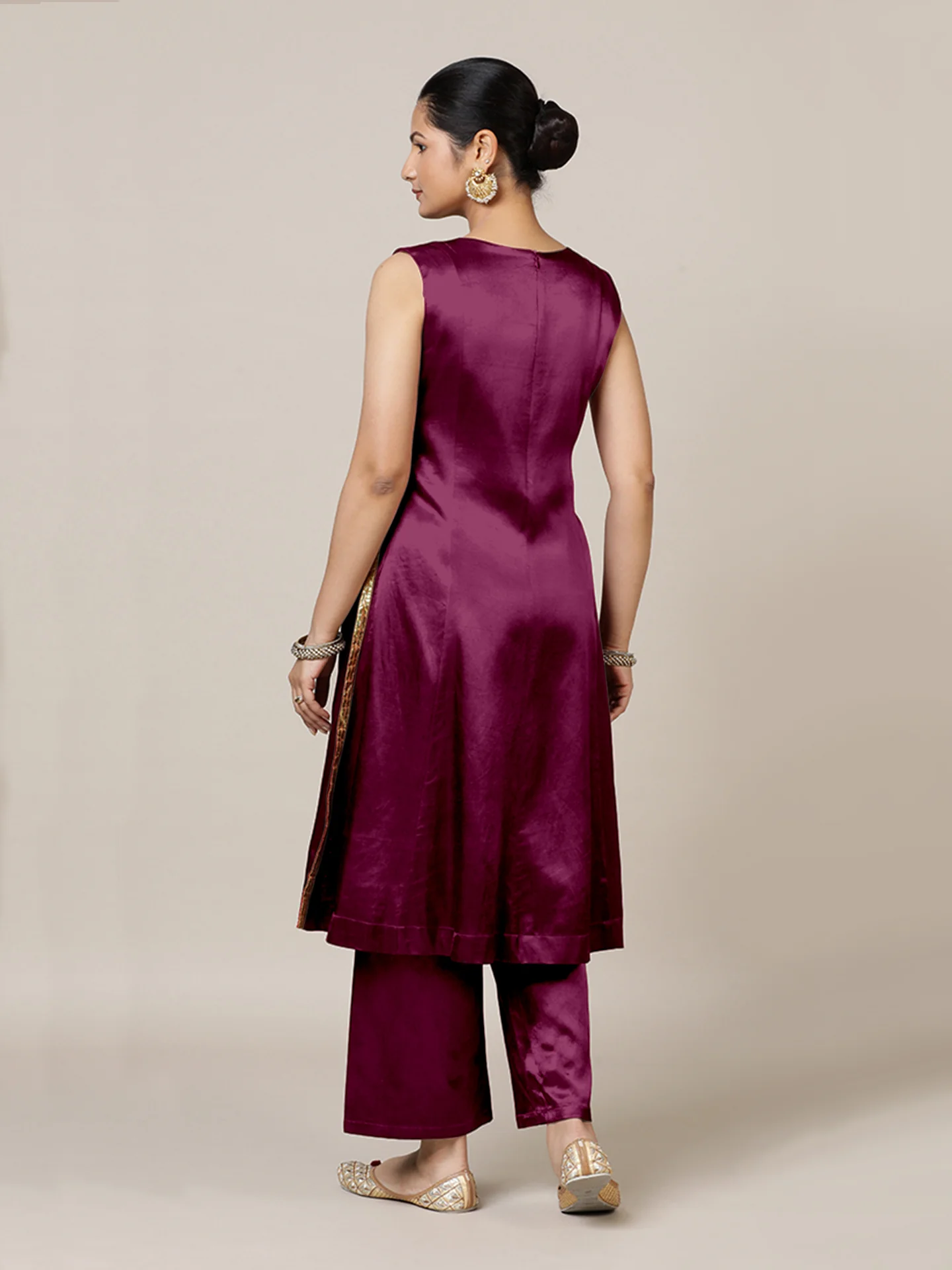 Gulnaaz x Tyohaar | Mulberry Red Mashru Silk Panelled Kurta with Crushed Golden Gota Detailing | Coords or Only Kurta - Image 3
