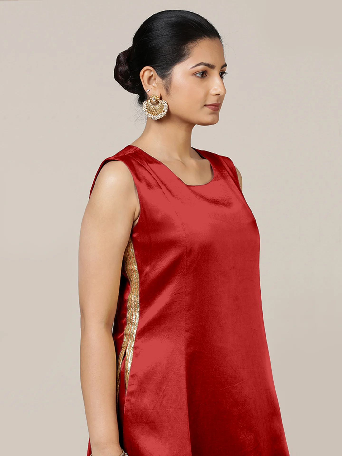 Gulnaaz x Tyohaar | Ruby Red Mashru Silk Panelled Kurta with Crushed Golden Gota Detailing | Coords or Only Kurta - Image 4